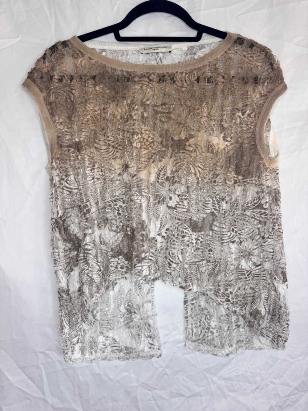 Sonia Fortuna Italian Cream & Beige Sheer Lace Floral Cap-Sleeve Top